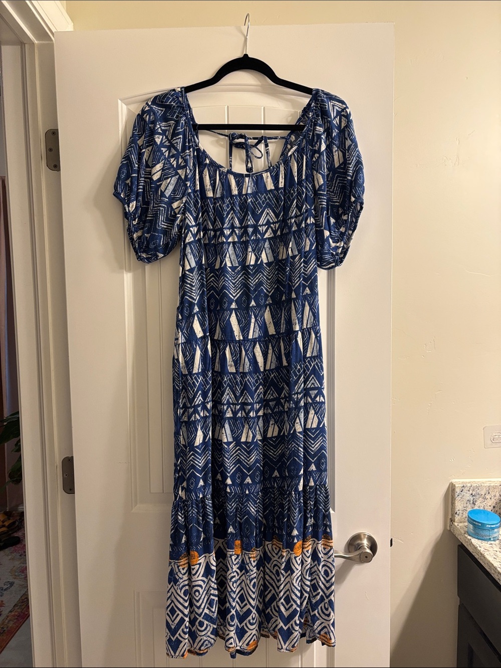 Knox Rose Blue & White Geometric Maxi Dress with Puff Sleeves